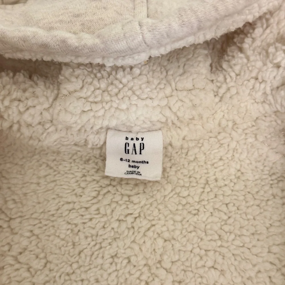 Baby Gap Oatmeal Heather Sherpa Lined Bear Ear Zip Hoodie 6-12 Months Logo